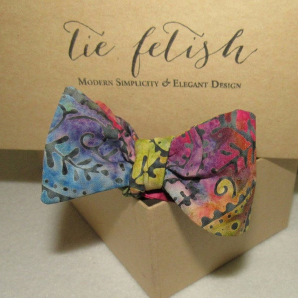 Rainbow batik butterfly tip bow tie